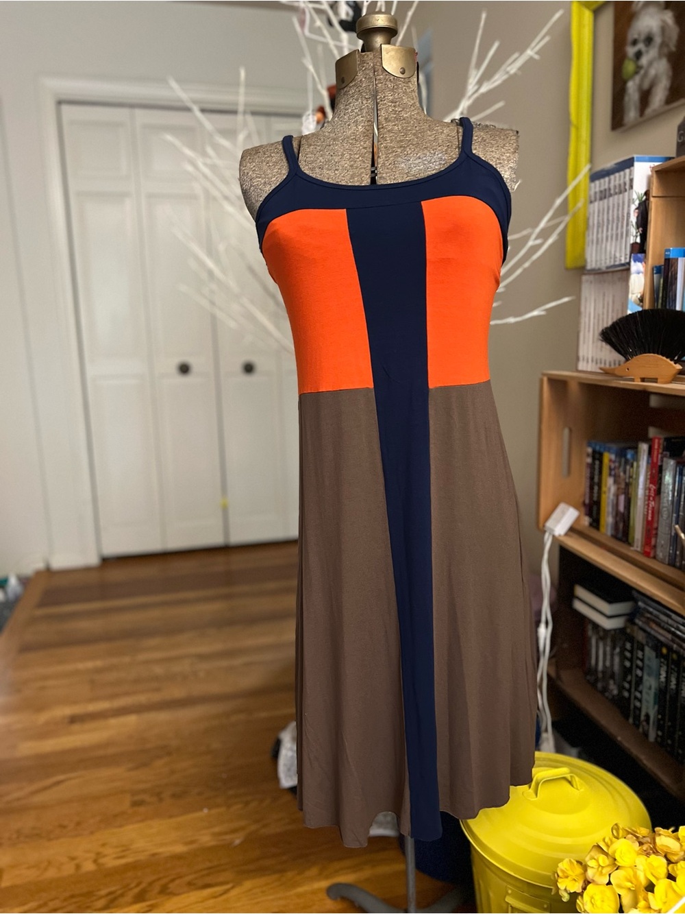 Unk Colorblock Spaghetti-Strap Midi Dress in Orange, Navy & Brown